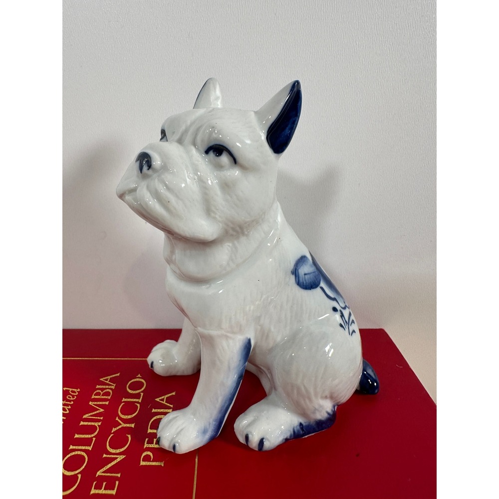 Blue and White Ceramic Bulldog Figurine Vintage Floral Chinoiserie Decor 5"